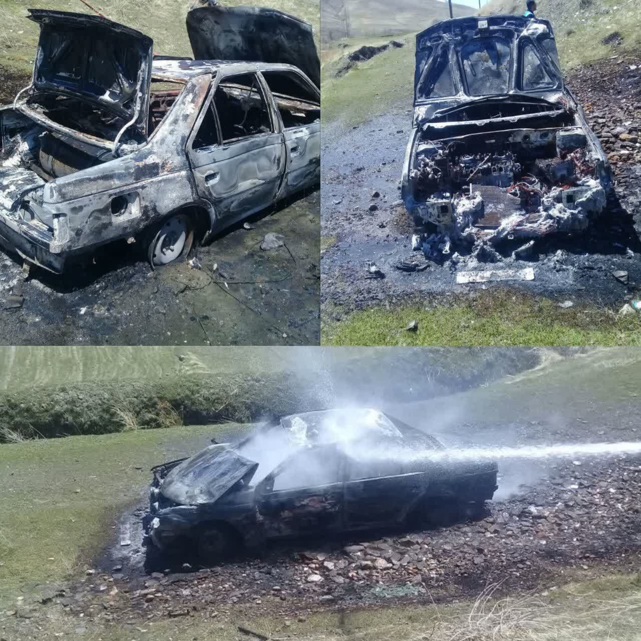 واژگونی و آتش سوزی خودرو سواری پژو دوگانه سوز در مسیر جاده روستای چوتاش